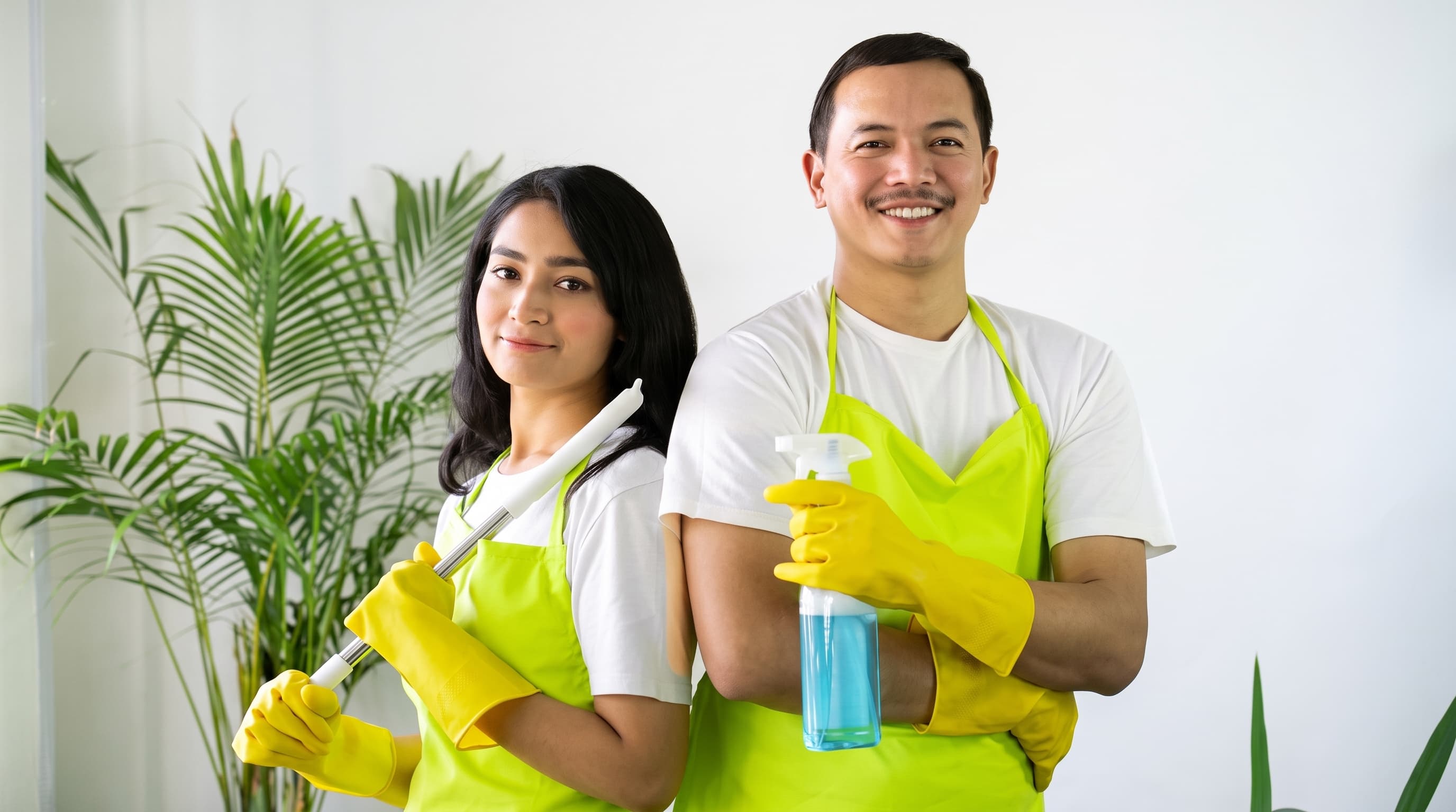 Cleanerway friendly professional cleaners smiling in aprons ready for service in Melbourne